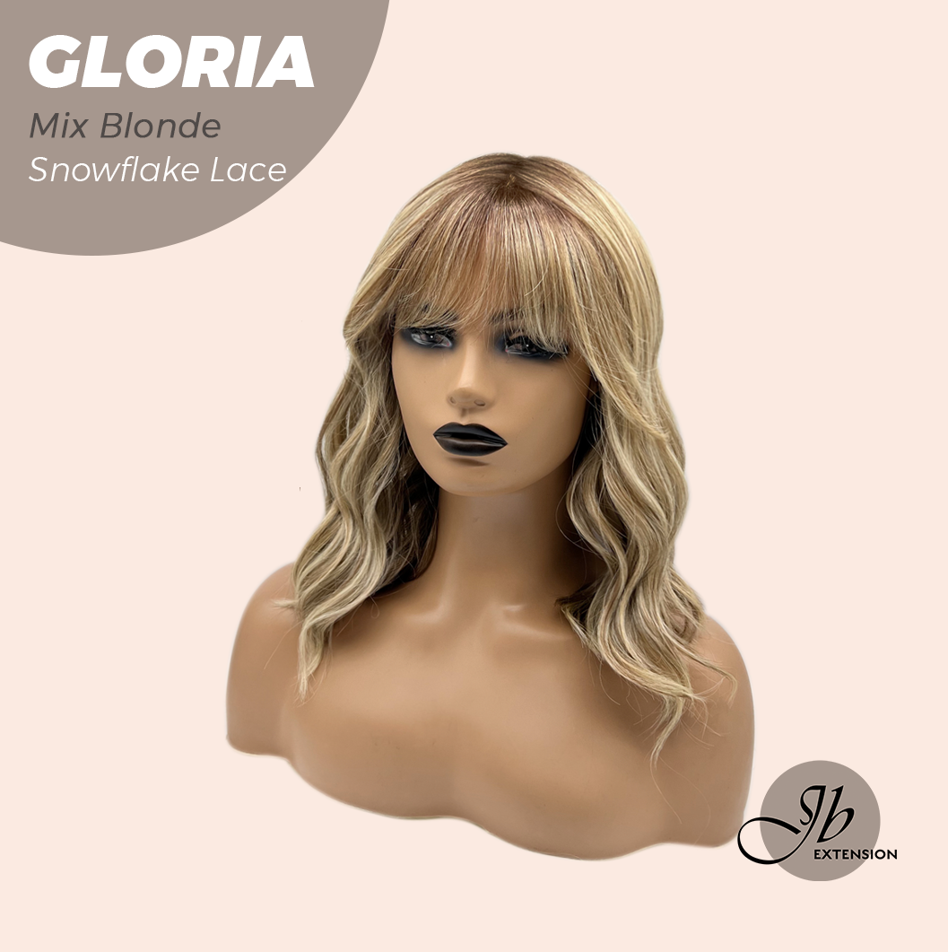 [PRE-ORDER] JBEXTENSION 14 Inches Curly Mix Blonde Wig with Bangs Pre-Cut T Part Snowflake Lace Frontlace Glueless Wig GLORIA MIX BLONDE