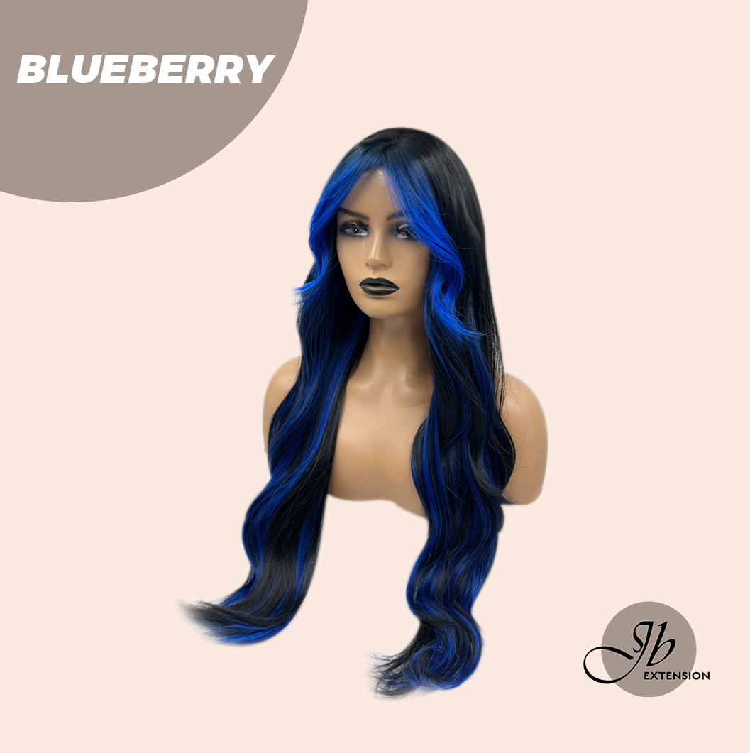 Get the Influencer Look with 28 Inches Long Black With Blue Highlight Wave Wig With Bangs BLUEBERRY