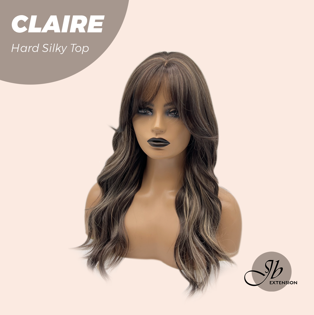 JBEXTENSION 22 Inches Scalpiana Brown With Highlight 3.5X4 Hard Silky Top Natural Scalp Effect Women Wig With Bangs CLAIRE SILKY TOP