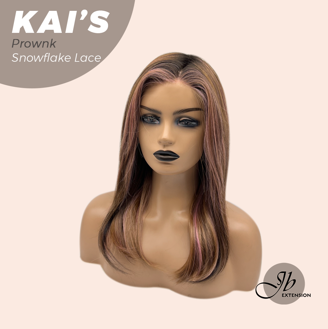 JBEXTENSION 18 Inches Brown with Pink Highlight Pre-Cut Snowflake Lace Frontlace Glueless Wig KAI'S PROWNK【PERMATEASE】【BENDY EAR TABS】- M/L