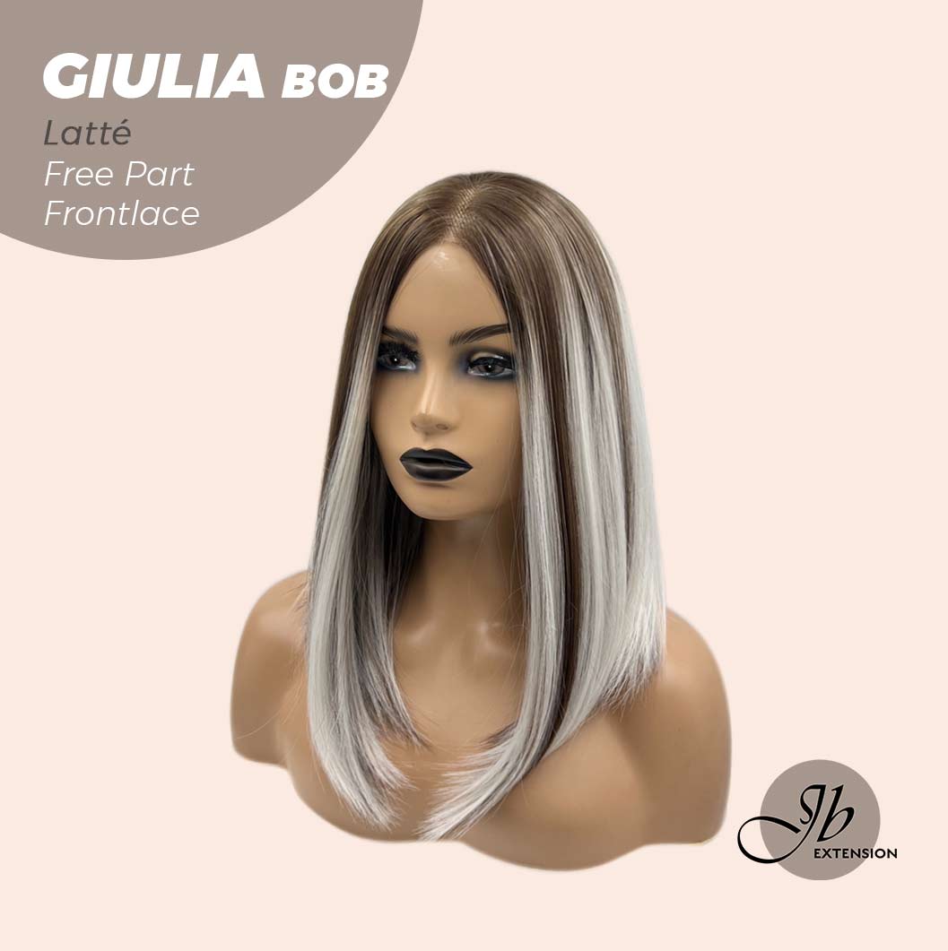 JBEXTENSION 14 Inches Bob Cut Mix Color With Highlight Free Part Pre-Cut Frontlace Glueless Wig GIULIA BOB LATTé (FREE PARTING)