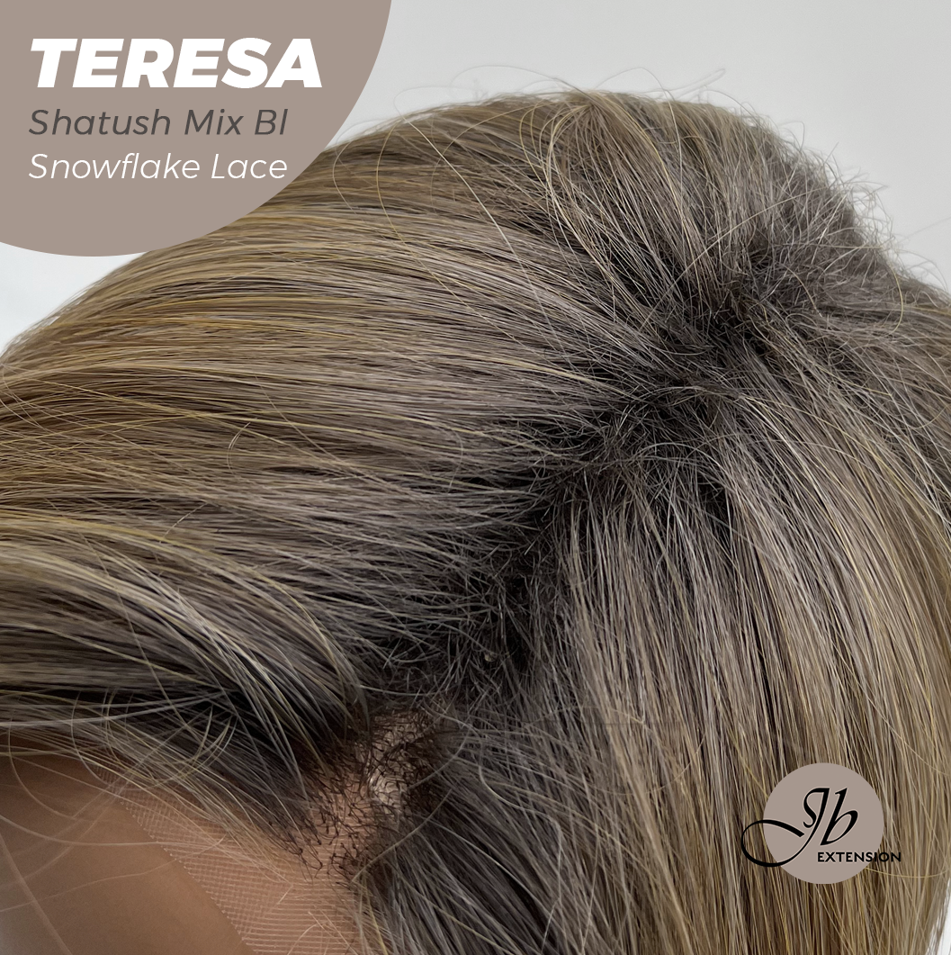 JBEXTENSION 18 Inches Shatush Mix Blonde Pre-Cut Snowflake Lace Frontlace Glueless Wig TERESA SHATUSH MIX BLONDE【PERMATEASE】【BENDY EAR TABS】- M/L