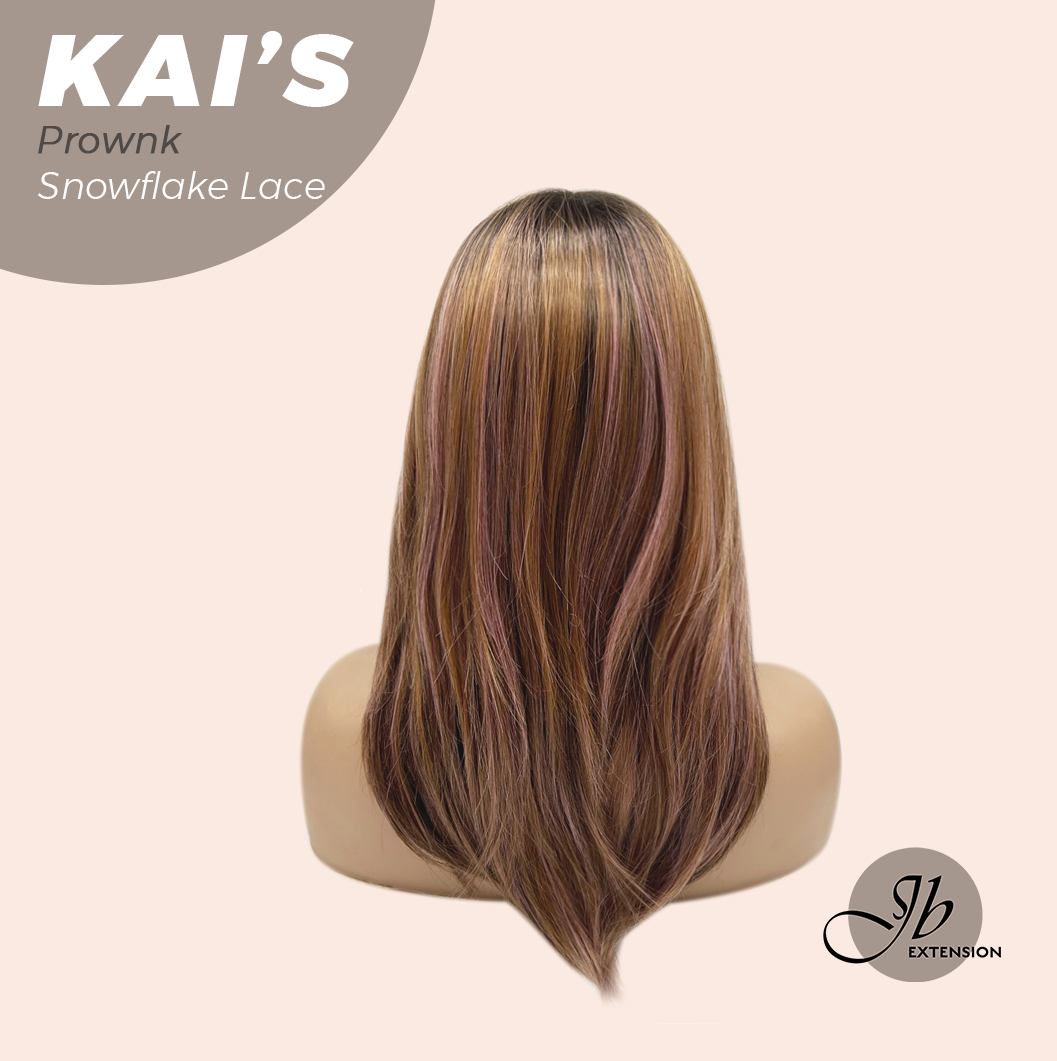 JBEXTENSION 18 Inches Brown with Pink Highlight Pre-Cut Snowflake Lace Frontlace Glueless Wig KAI'S PROWNK【PERMATEASE】【BENDY EAR TABS】- M/L
