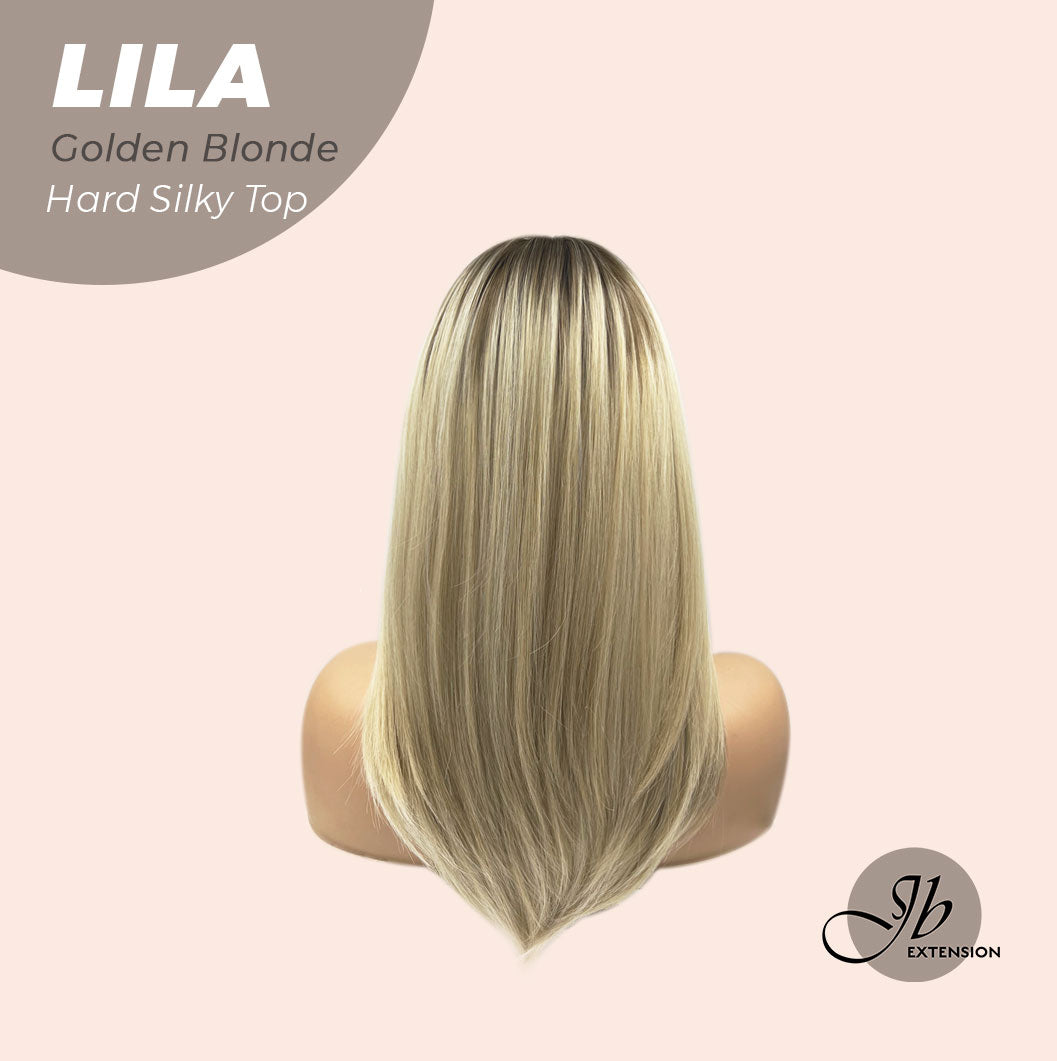 JBEXTENSION 20 Inches Scalpiana Blonde with Dark Root Wolf Cut 3.5X4 Hard Silky Top Natural Scalp Effect Wig With Bangs LILA GOLDEN BLONDE