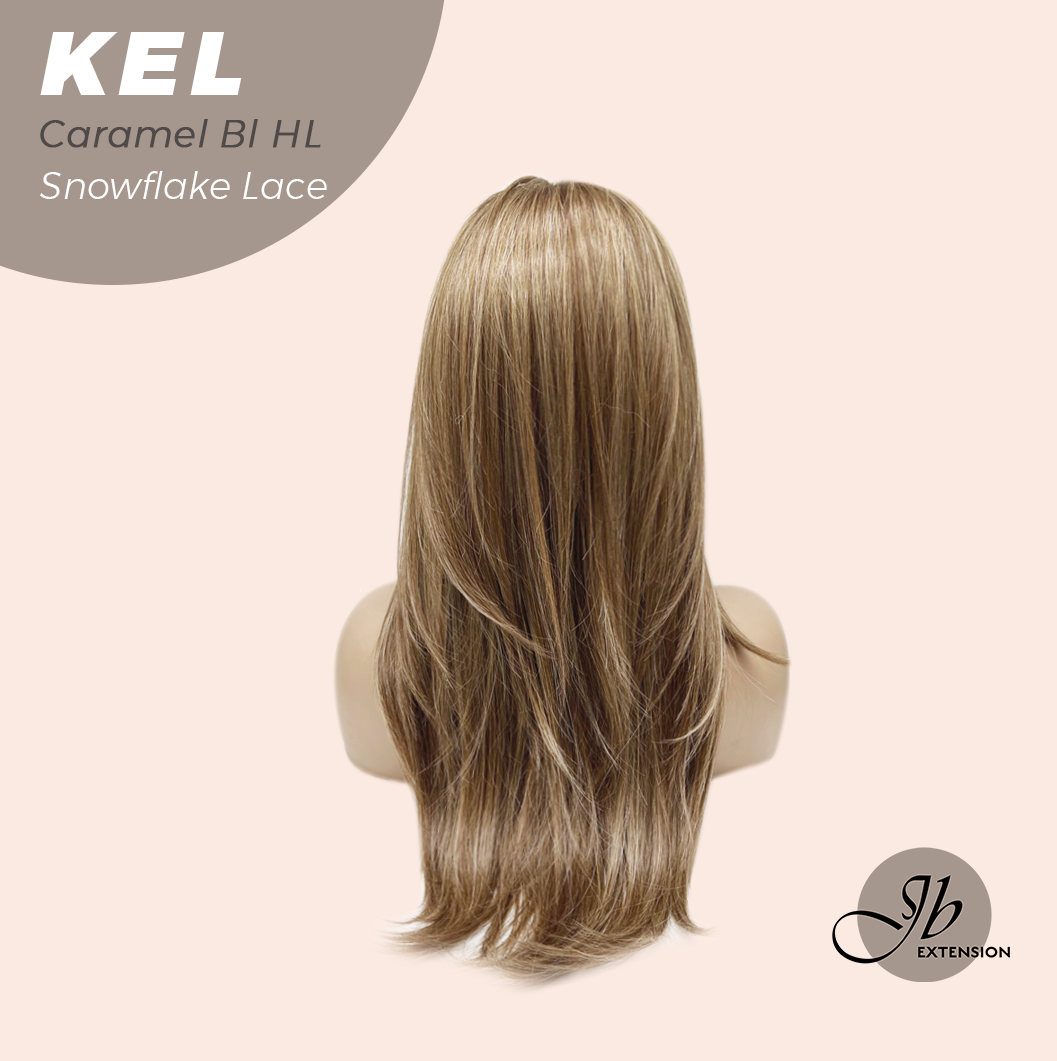 JBEXTENSION 22 Inches Caramel Blonde Highlight Pre-Cut Snowflake Lace Frontlace Glueless Wig KEL CARAMEL BLONDE HIGHLIGHT【PERMATEASE】【BENDY EAR TABS】
