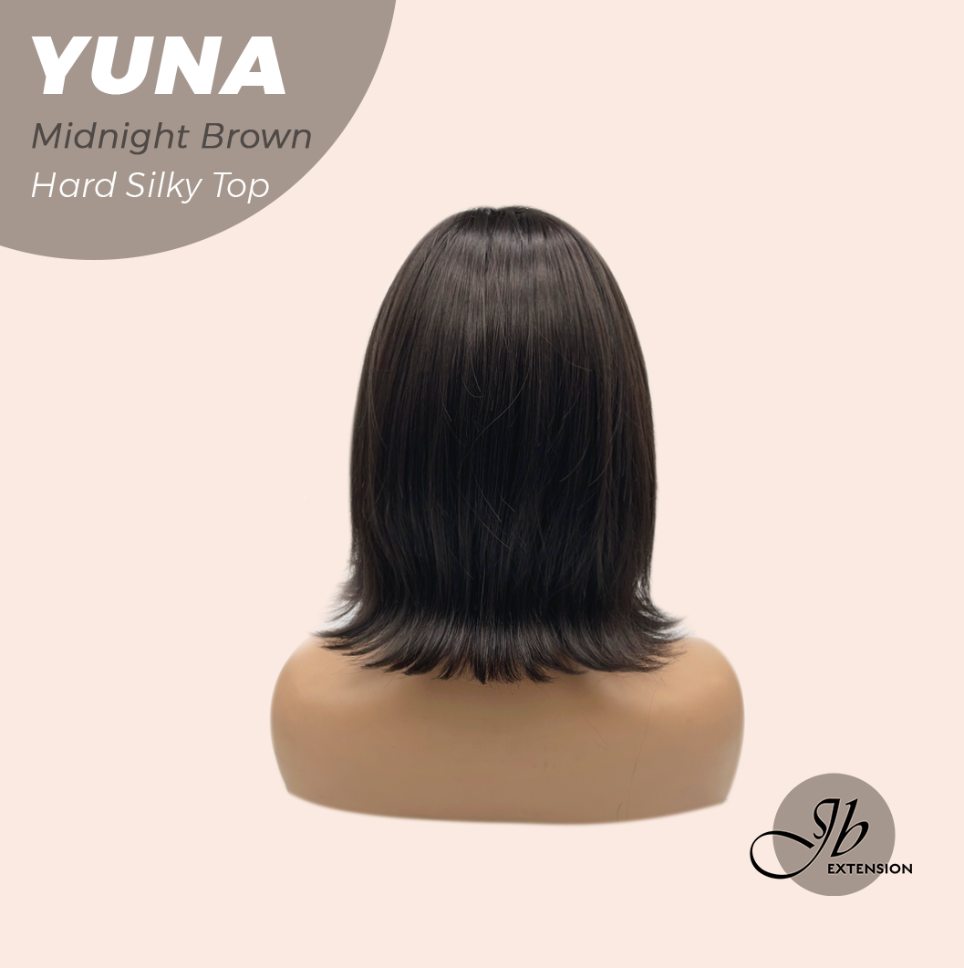 JBEXTENSION 12 Inches Scalpiana Midnight Brown( Black/Brown) 3.5X4 Hard Silky Top Natural Scalp Effect Women Wig With Bangs YUNA MIDNIGHT BROWN