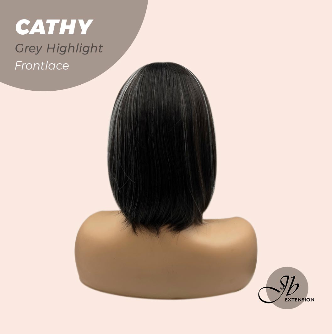 JBEXTENSION 12 Inches Bob Cut Nature Black With Grey Highlight Side Part Frontlace Glueless Wig CATHY GREY HIGHLIGHT