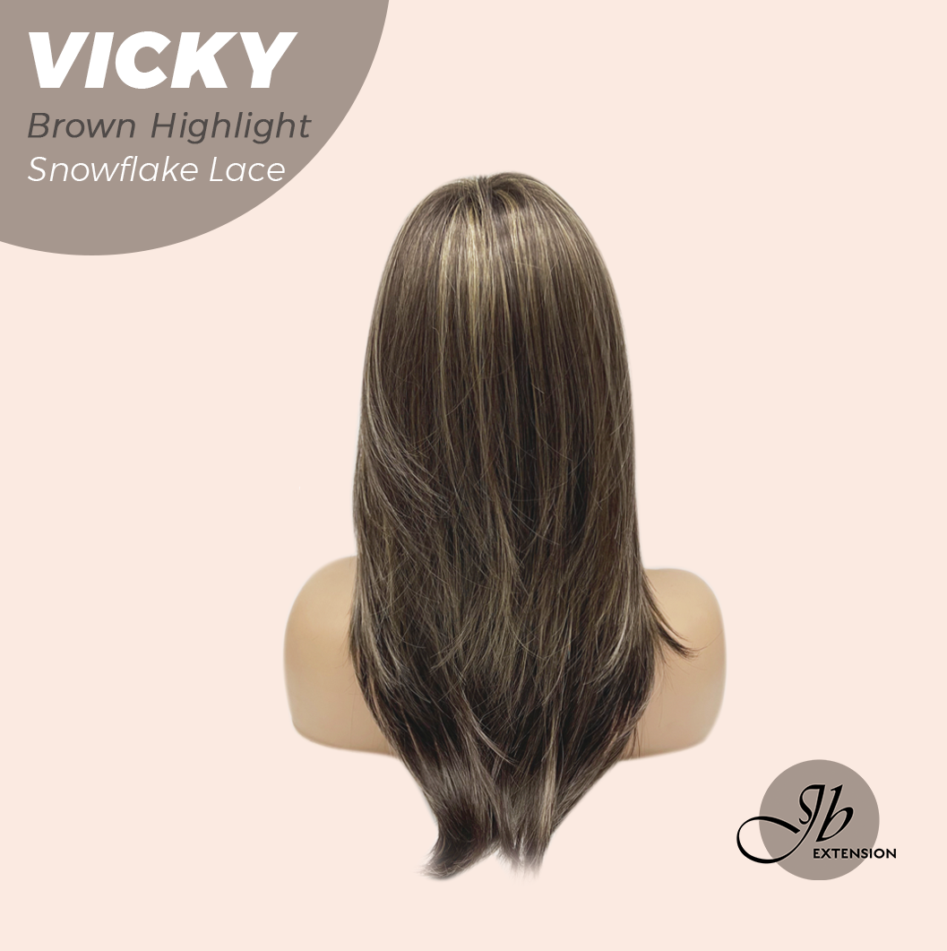 JBEXTENSION 20 Inches Dark Brown with Highlight Pre-Cut Snowflake Lace Frontlace Glueless Wig VICKY BROWN HIGHLIGHT【PERMATEASE】【BENDY EAR TABS】- M/L