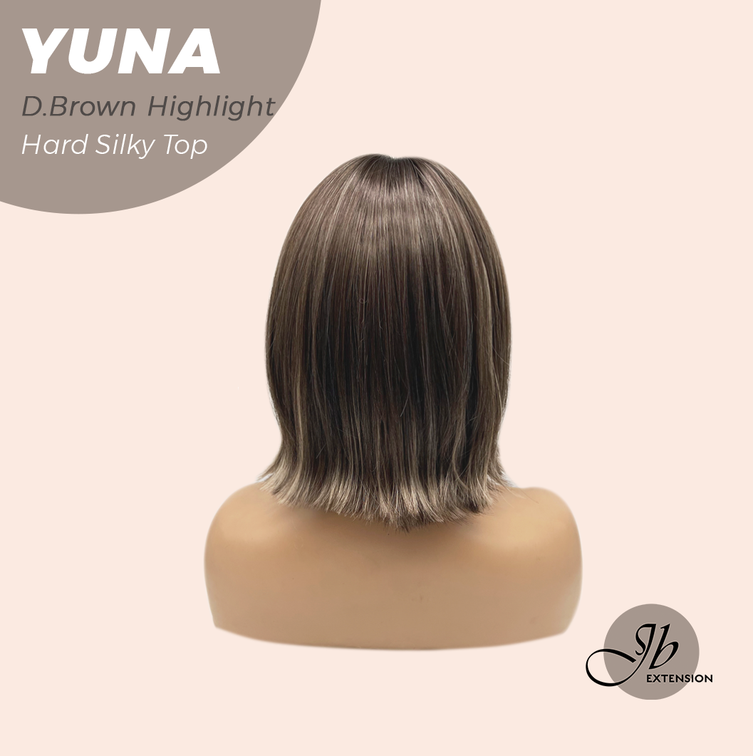 JBEXTENSION 12 Inches Scalpiana Dark Brown with Highlight 3.5X4 Hard Silky Top Natural Scalp Effect Women Wig With Bangs YUNA DARK BROWN HIGHLIGHT