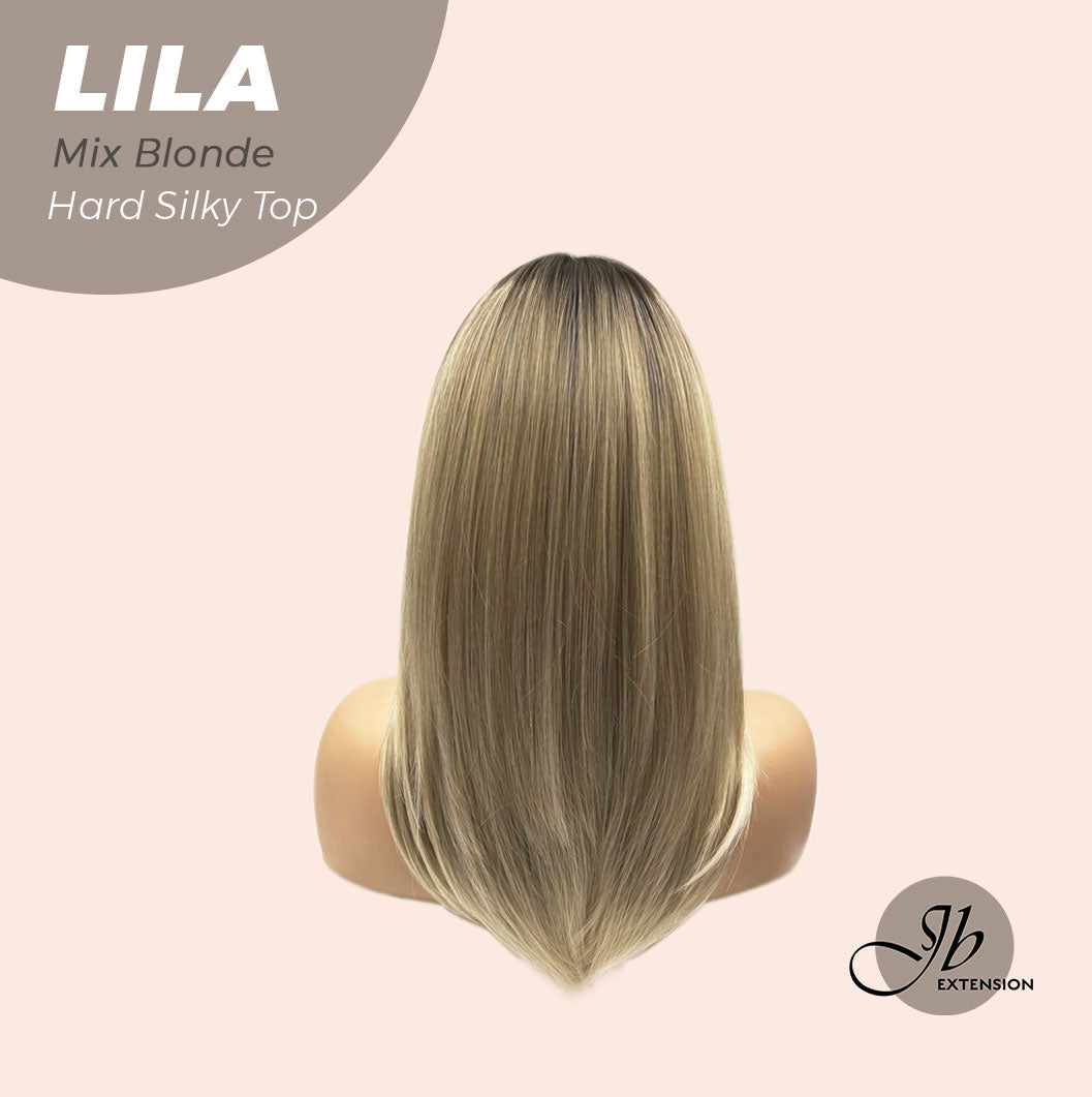 JBEXTENSION 20 Inches Scalpiana Blonde with Dark Root Wolf Cut 3.5X4 Hard Silky Top Natural Scalp Effect Wig With Bangs LILA MIX BLONDE