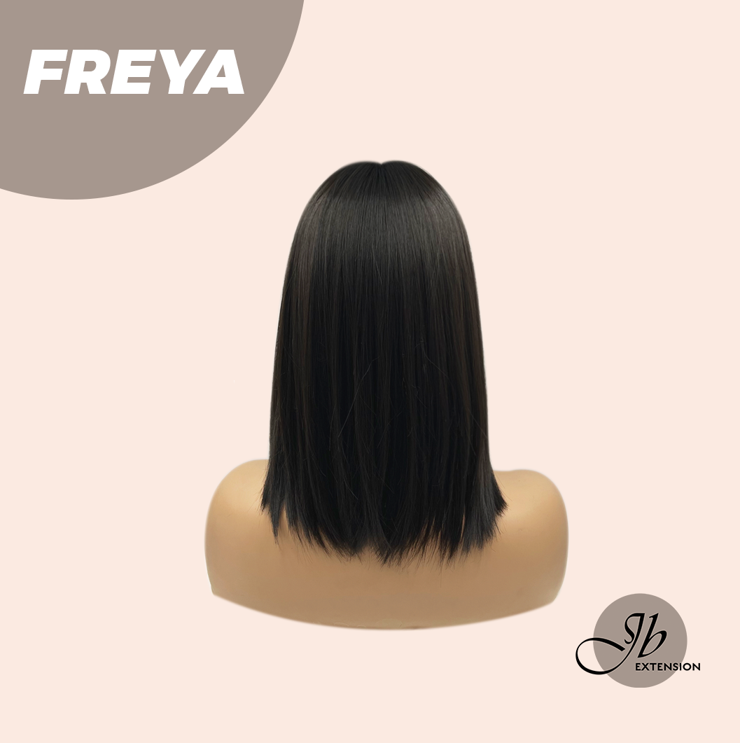 JBEXTENSION 14 Inches Bob Cut Short Straight Black With White Bangs Wig FREYA