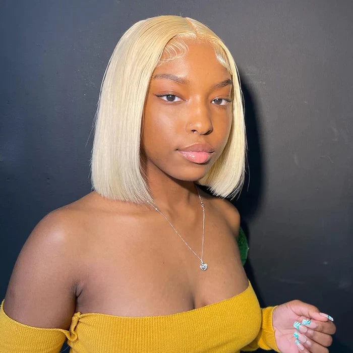 613 Blonde Short Bob Lace Front Wig Straight Hair 13*4 Lace Wigs Colored Human Hair Wigs