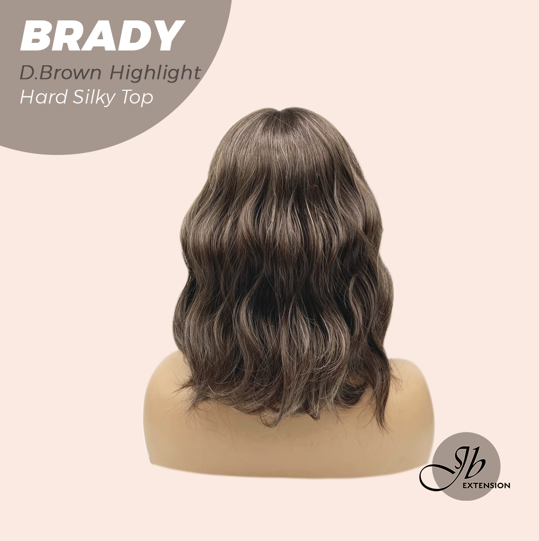 JBEXTENSION 12 Inches Scalpiana Wave Dark Brown with Highlight 3.5X4 Hard Silky Top Natural Scalp Effect Wig with Bang BRADY DARK BROWN HIGHLIGHT