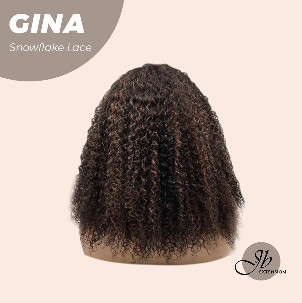 JBEXTENSION 16 Inches Deep Curly Black with Brown Highlight Pre-Cut Snowflake Lace Frontlace Glueless Wig GINA SNOWFLAKE【PERMATEASE】【BENDY EAR TABS】