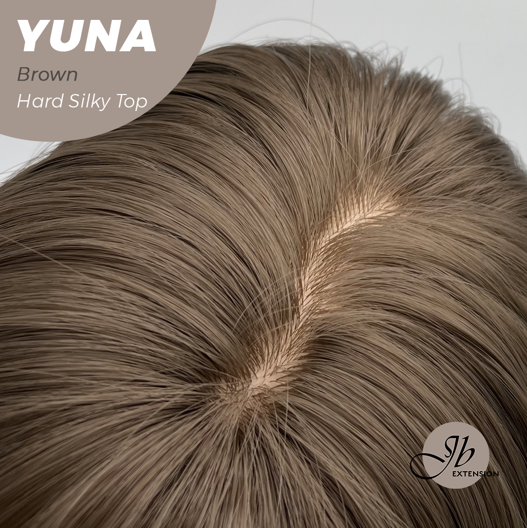 JBEXTENSION 12 Inches Scalpiana Brown 3.5X4 Hard Silky Top Natural Scalp Effect Women Wig With Bangs YUNA BROWN