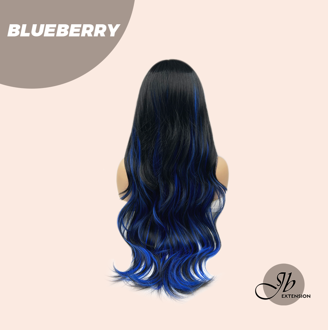 Get the Influencer Look with 28 Inches Long Black With Blue Highlight Wave Wig With Bangs BLUEBERRY