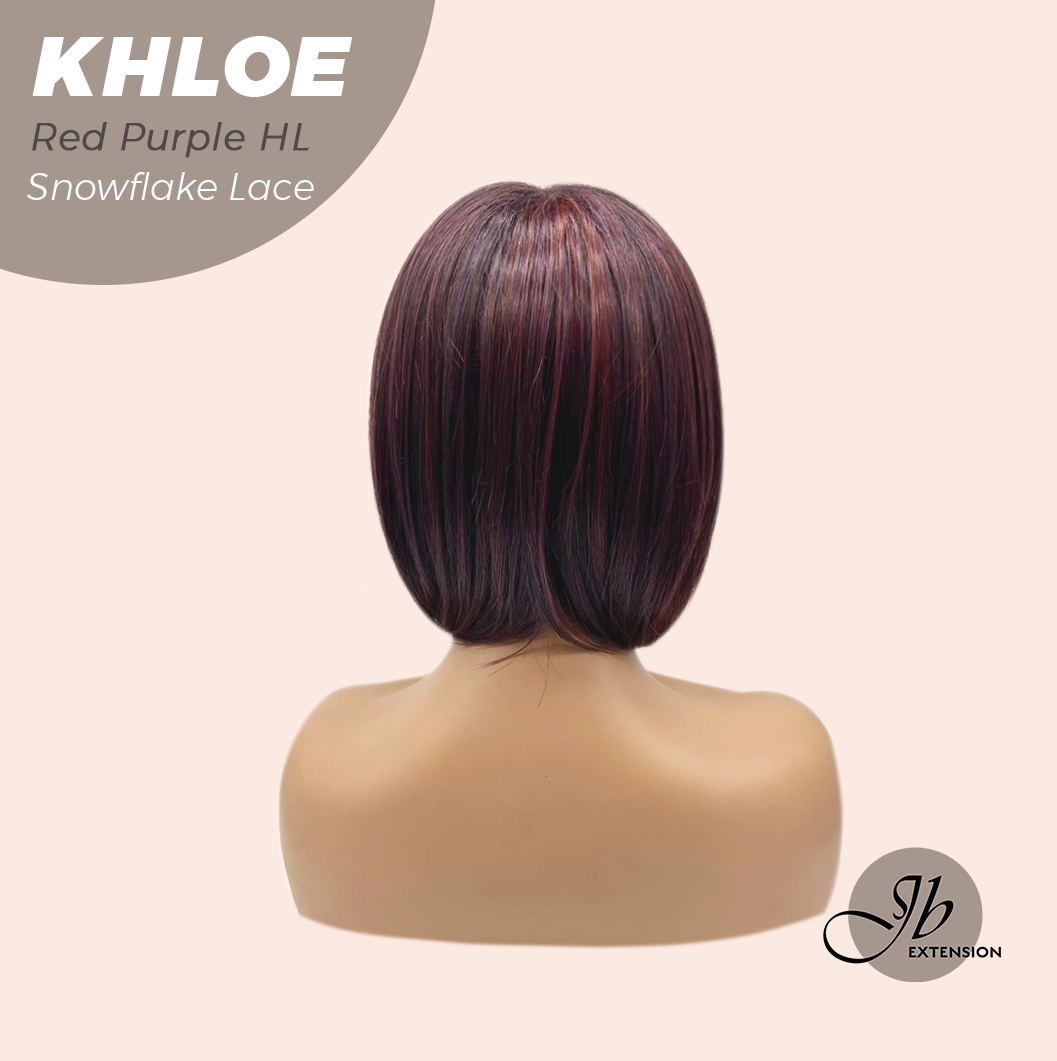 JBEXTENSION 12 Inches Bob Cut Red Purple Highlight Pre-Cut Snowflake Lace Frontlace Glueless Wig KHLOE RED PURPLE HIGHLIGHT【PERMATEASE】【BENDY EAR TABS】- M/L