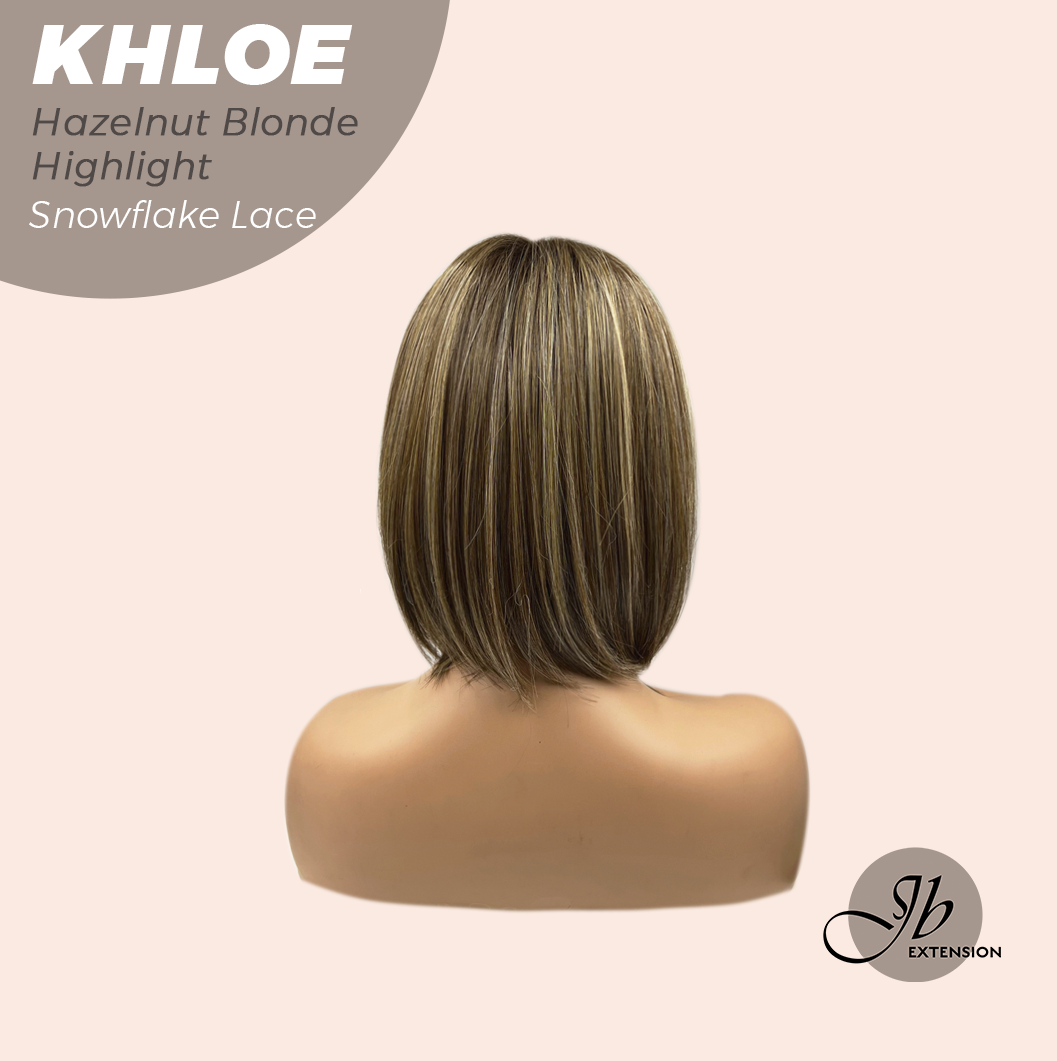 JBEXTENSION 12 Inches Bob Cut Hazelnut Blonde Highlight Pre-Cut Snowflake Lace Frontlace Glueless Wig KHLOE HAZELNUT【PERMATEASE】【BENDY EAR TABS】