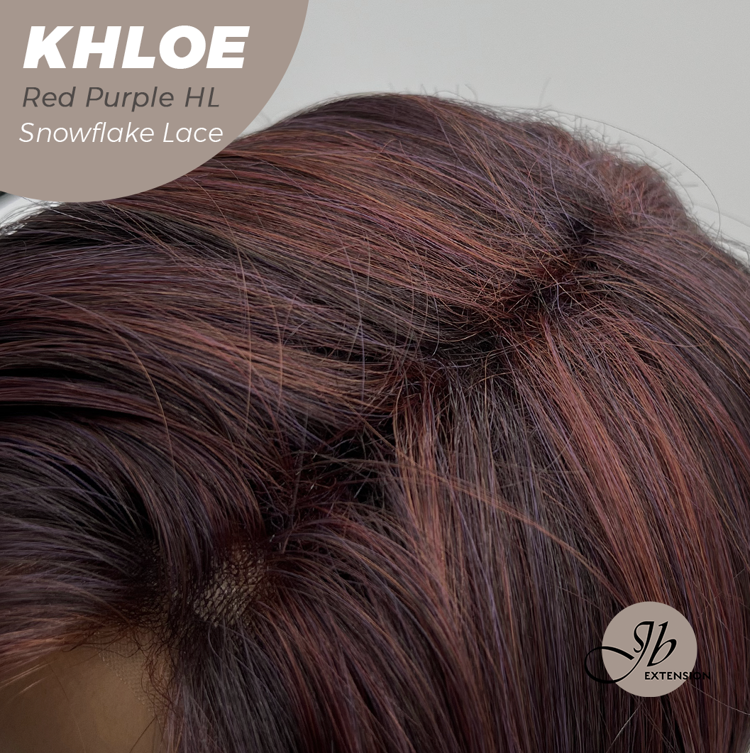 JBEXTENSION 12 Inches Bob Cut Red Purple Highlight Pre-Cut Snowflake Lace Frontlace Glueless Wig KHLOE RED PURPLE HIGHLIGHT【PERMATEASE】【BENDY EAR TABS】- M/L