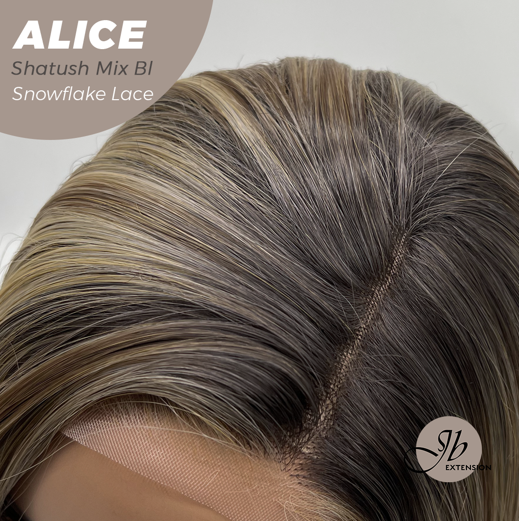 JBEXTENSION 12 Inches Shatush Mix Blonde Pre-Cut Side Part Snowflake Lace Frontlace Glueless Wig ALICE SHATUSH MIX BLONDE【BENDY EAR TABS】- M/L