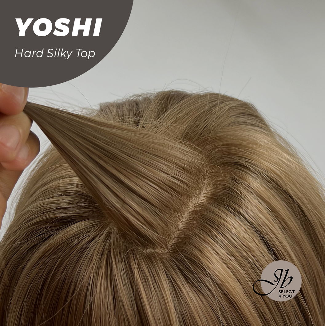 JBEXTENSION 16 Inches Scalpiana Hush Cut Light Brown 3.5X4 Hard Silky Top Natural Scalp Effect Wig With Bangs YOSHI SILKY TOP