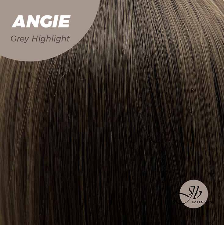 JBEXTENSION 12 Inches Bob Cut Dark Brown With Grey Highlight Wig With Bangs ANGIE GREY