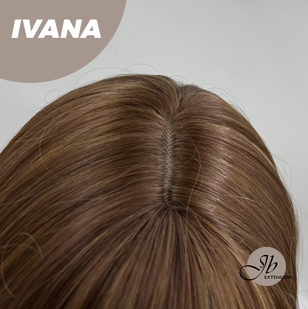 JBEXTENSION 28 Inches Reddish Brown With Blonde Highlight Straight Wig With Bangs IVANA