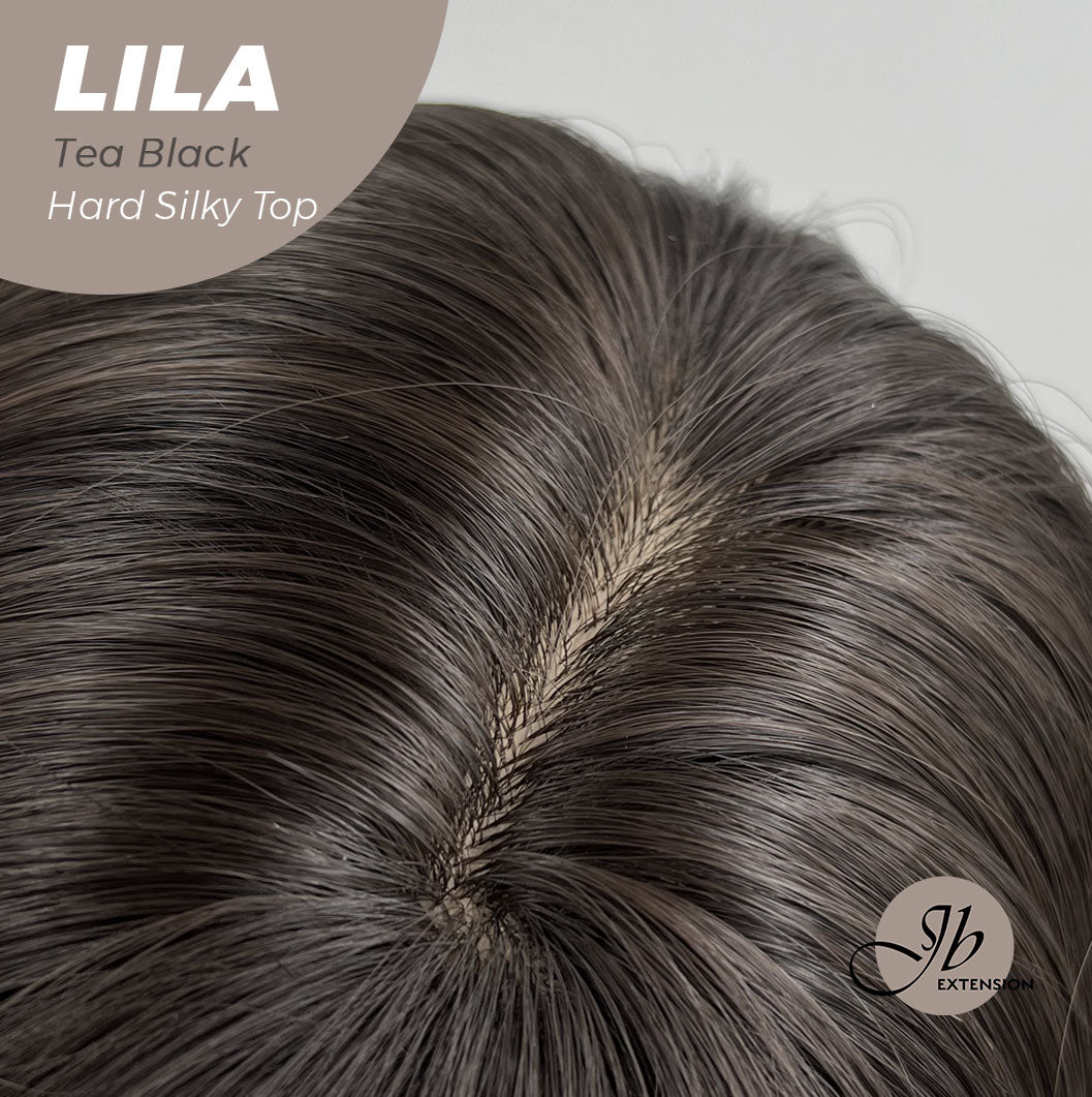 JBEXTENSION 20 Inches Scalpiana Tea Black Darkest Brown Wolf Cut 3.5X4 Hard Silky Top Natural Scalp Effect Wig With Bangs LILA TEA BLACK