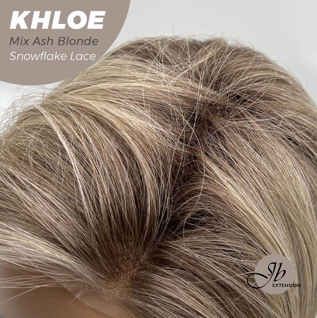 JBEXTENSION 12 Inches Bob Cut Mix Ash Blonde Pre-Cut Snowflake Lace Frontlace Glueless Wig KHLOE MIX ASH BLONDE【PERMATEASE】【BENDY EAR TABS】- M/L