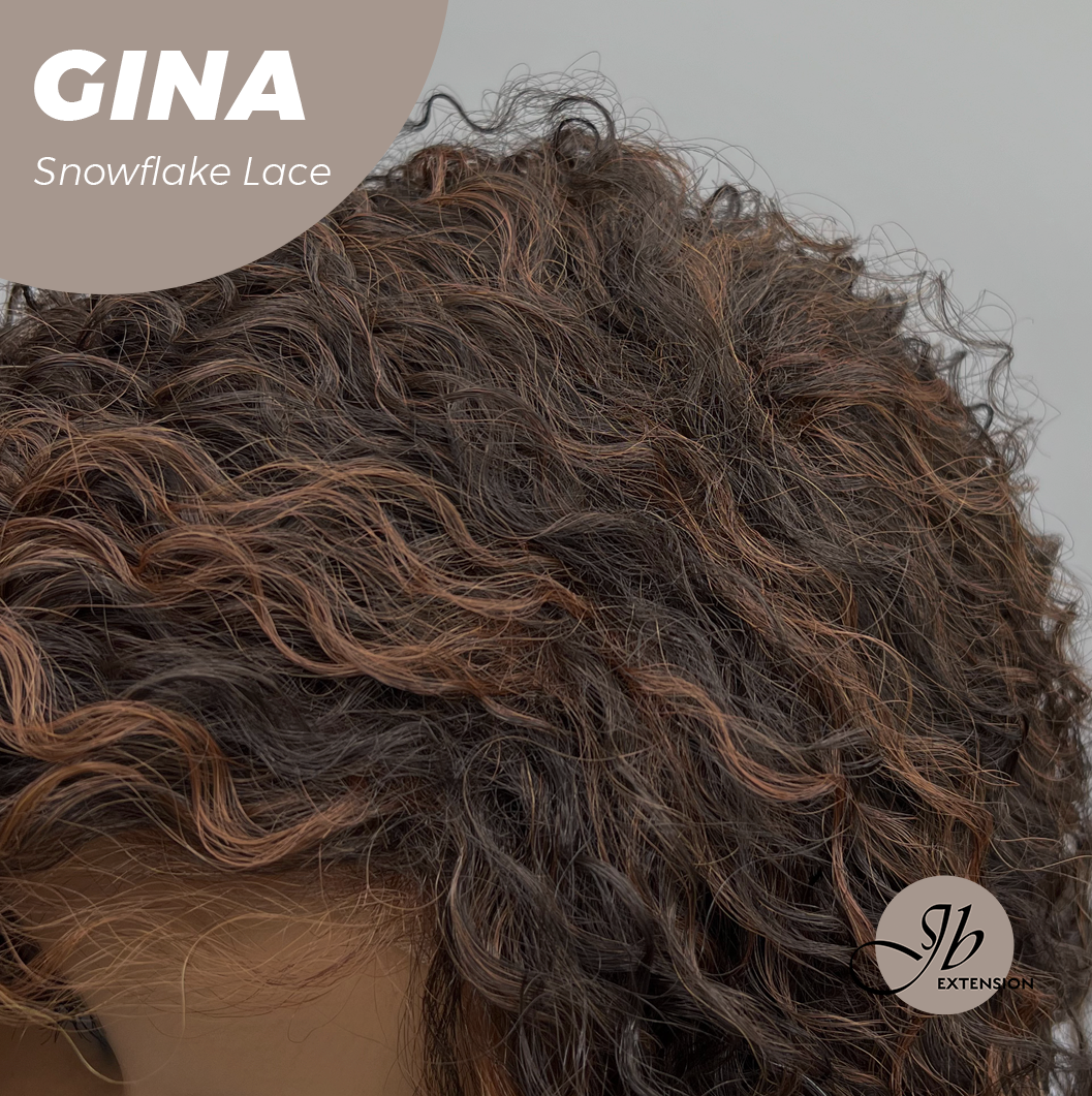 JBEXTENSION 16 Inches Deep Curly Black with Brown Highlight Pre-Cut Snowflake Lace Frontlace Glueless Wig GINA SNOWFLAKE【PERMATEASE】【BENDY EAR TABS】
