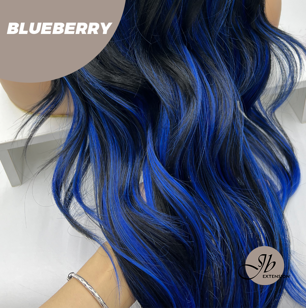HOT OF SEASON - 28 Inches Long Black With Blue Highlight Wave Wig With Bangs BLUEBERRY