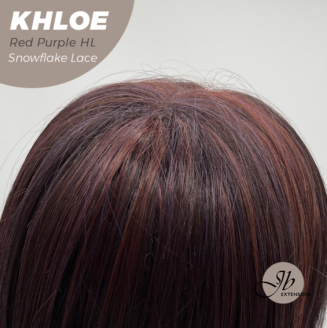 JBEXTENSION 12 Inches Bob Cut Red Purple Highlight Pre-Cut Snowflake Lace Frontlace Glueless Wig KHLOE RED PURPLE HIGHLIGHT【PERMATEASE】【BENDY EAR TABS】- M/L