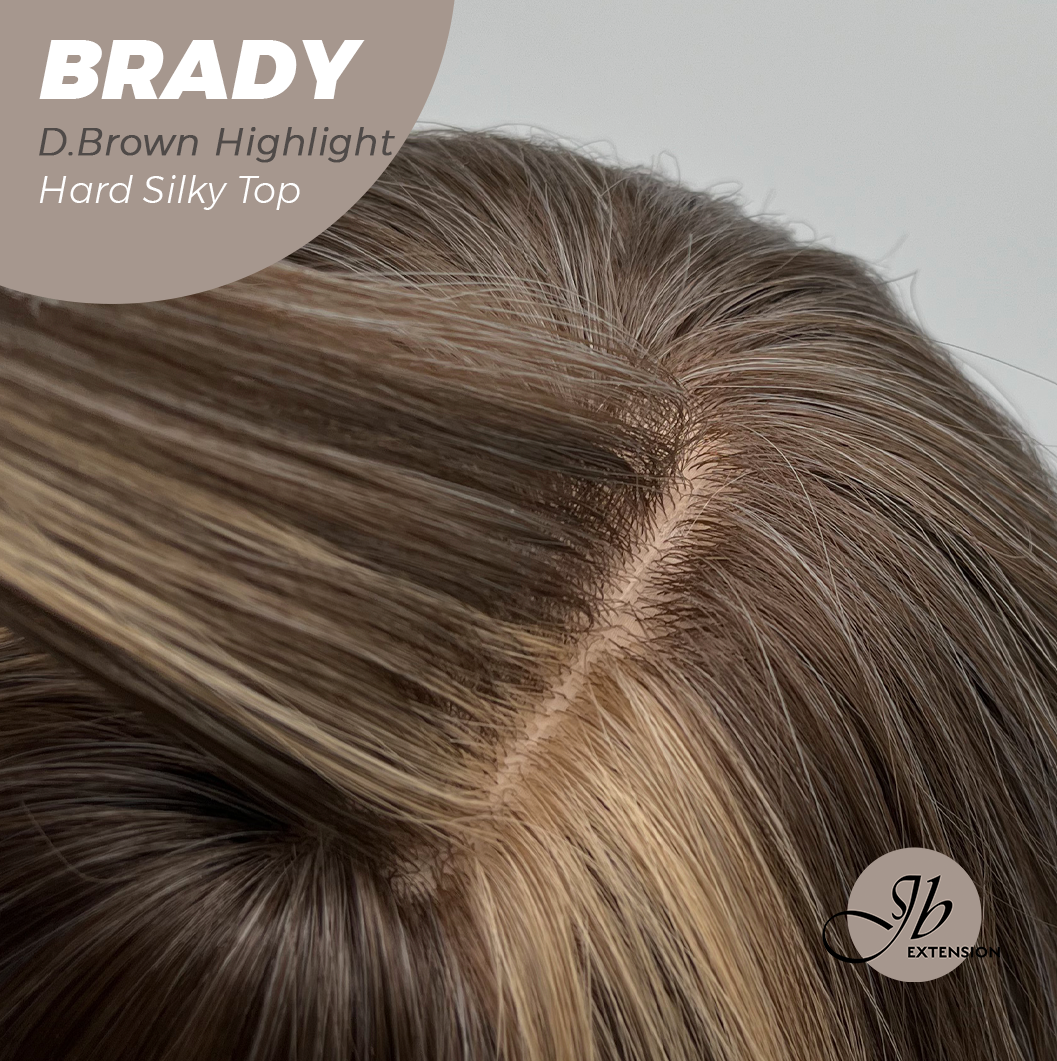 JBEXTENSION 12 Inches Scalpiana Wave Dark Brown with Highlight 3.5X4 Hard Silky Top Natural Scalp Effect Wig with Bang BRADY DARK BROWN HIGHLIGHT