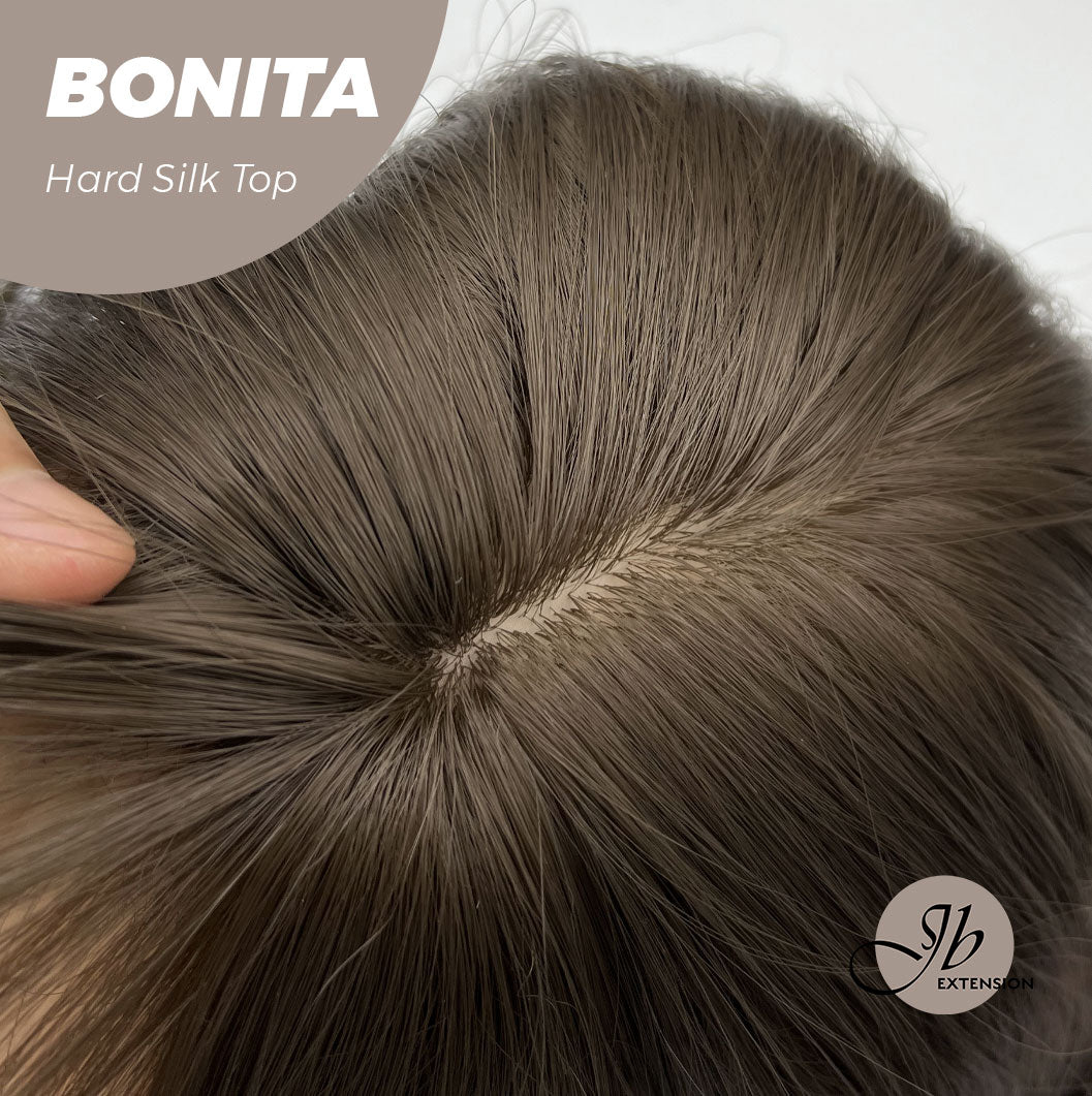 JBEXTENSION 26 Inches Scalpiana Brown Curly 3.5X4 Hard Silky Top Natural Scalp Effect Wig With Bangs BONITA