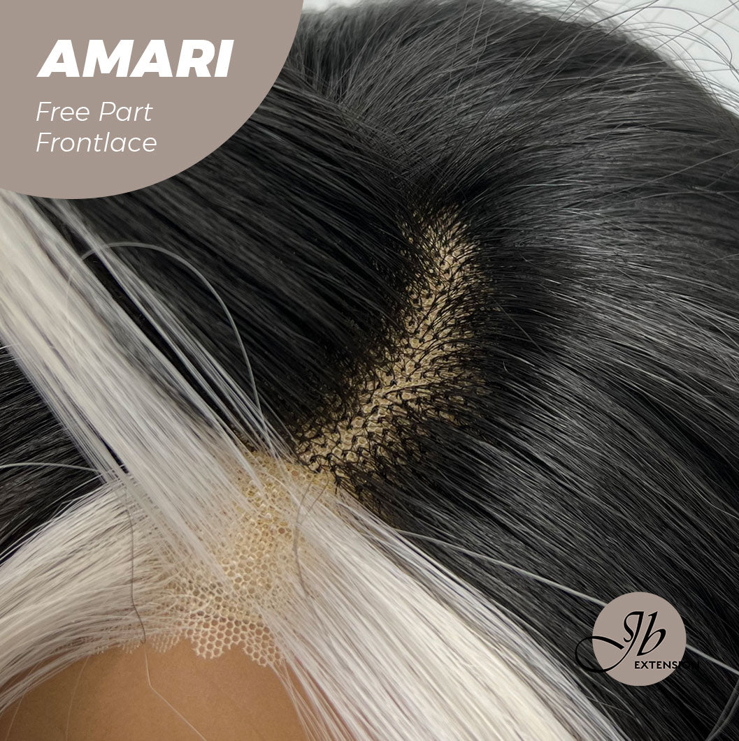Get this look with our 18 Inches Black With White Highlight Pre-Cut Free Part Frontlae Glueless Wig AMARI