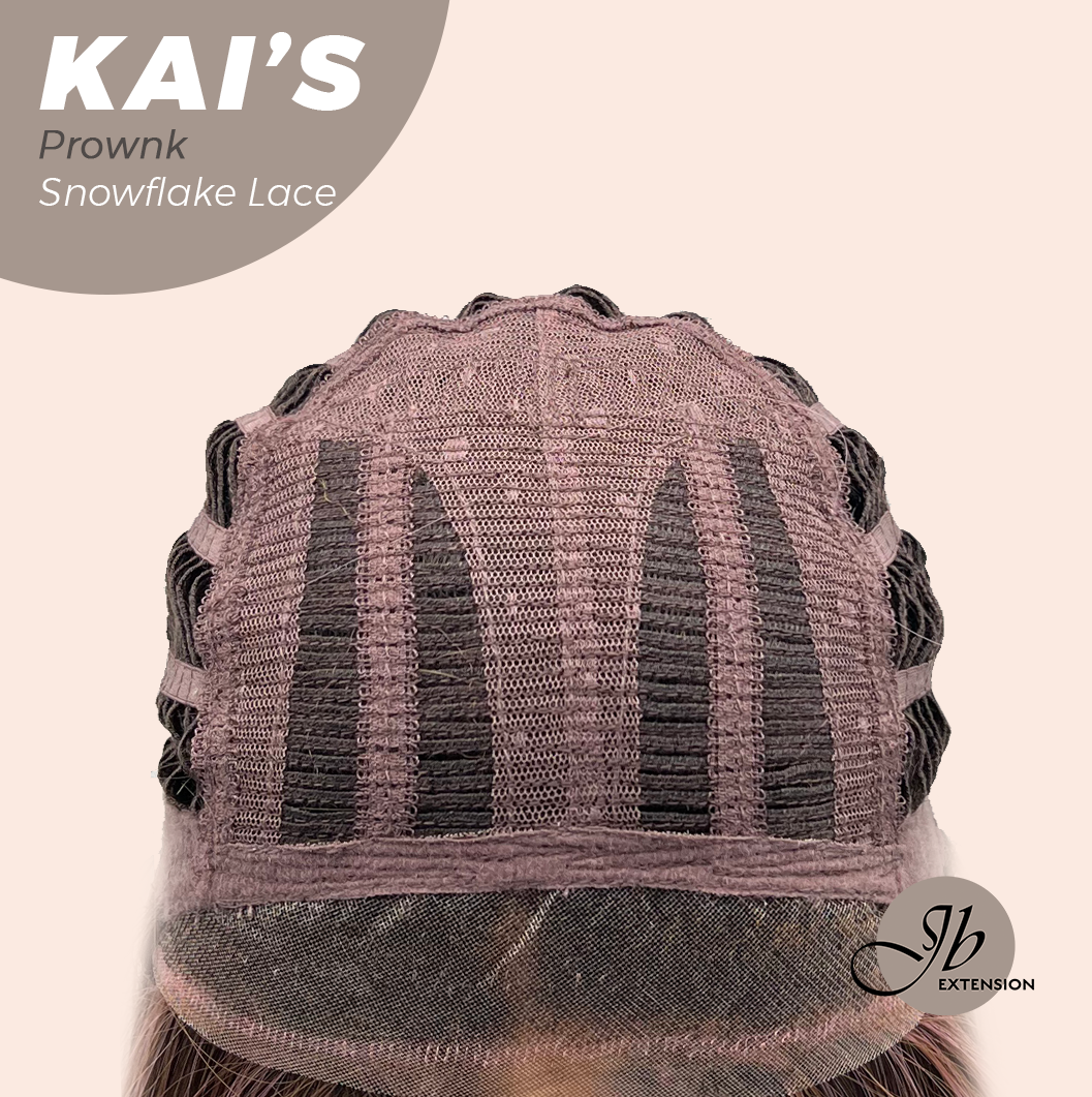 JBEXTENSION 18 Inches Brown with Pink Highlight Pre-Cut Snowflake Lace Frontlace Glueless Wig KAI'S PROWNK【PERMATEASE】【BENDY EAR TABS】- M/L