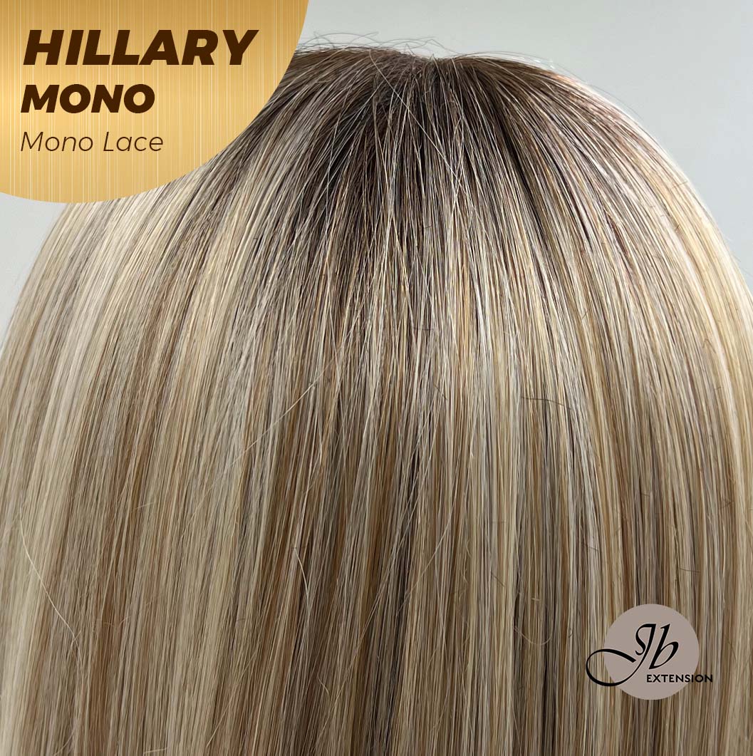 JBEXTENSION HILLARY MONO Monofilament Handmade Wig 6X5 Full Monofilament Hand Tied Top Wig 16 Inches Blonde With Dark Root Straight Mono Lace Wig With Anti-slip Silicone Strips Glueless Wig Hillary Mono【BENDY EAR TABS】