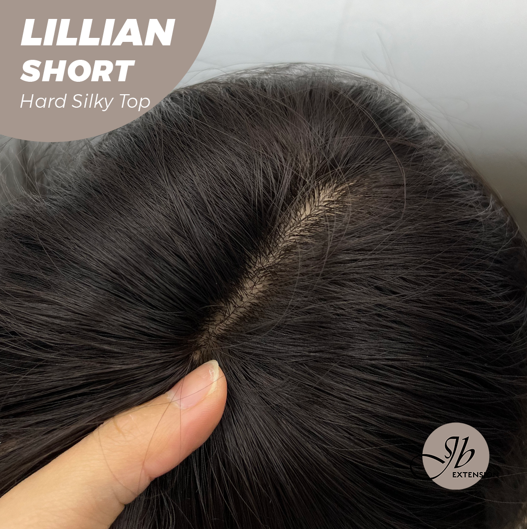 JBEXTENSION 22 Inches Scalpiana Tea Black Darkest Brown Curly 3.5X4 Hard Silky Top Natural Scalp Effect Wig LILLIAN SILKY TOP SHORT
