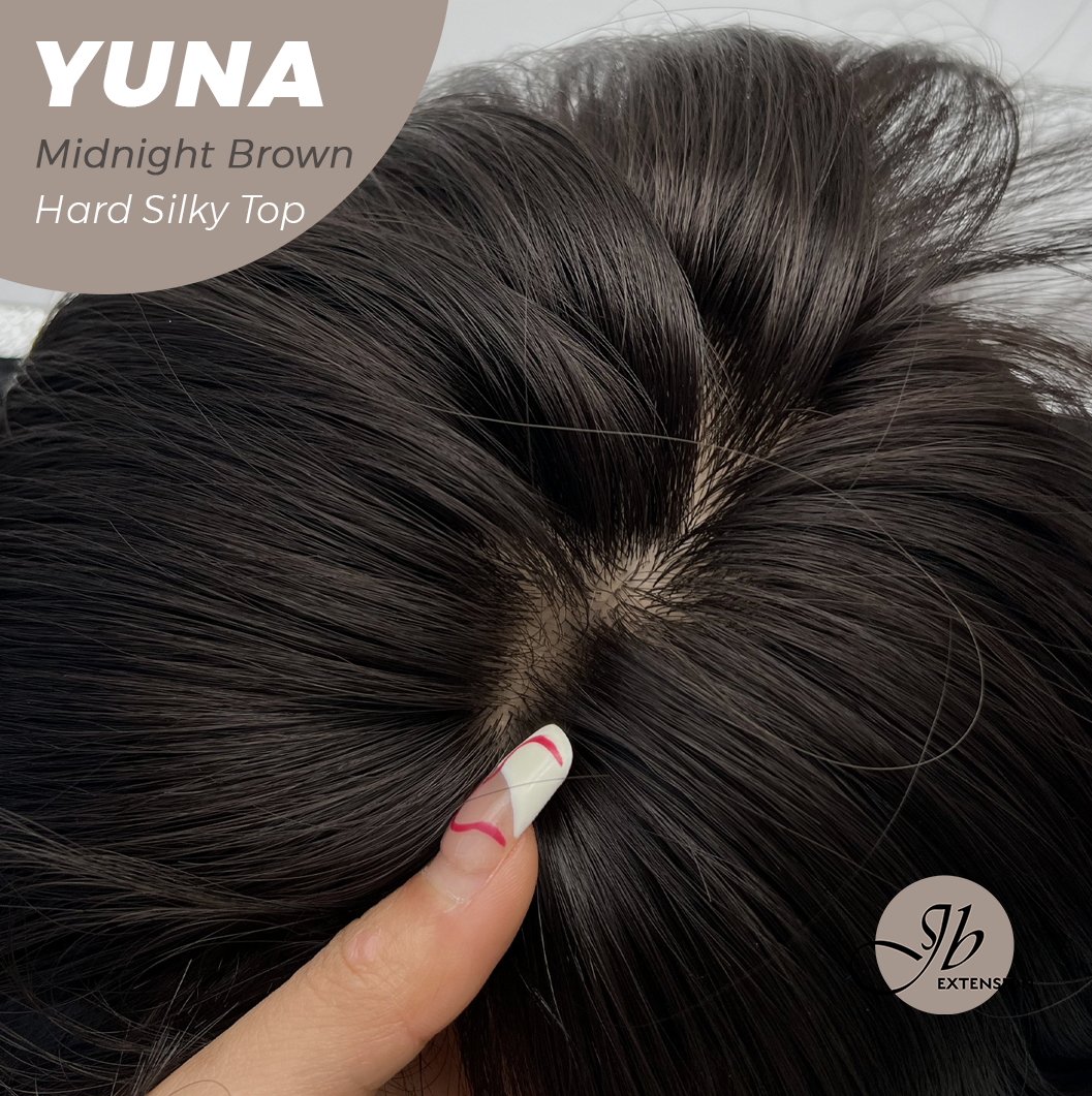 JBEXTENSION 12 Inches Scalpiana Midnight Brown( Black/Brown) 3.5X4 Hard Silky Top Natural Scalp Effect Women Wig With Bangs YUNA MIDNIGHT BROWN