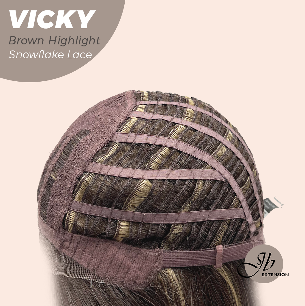 JBEXTENSION 20 Inches Dark Brown with Highlight Pre-Cut Snowflake Lace Frontlace Glueless Wig VICKY BROWN HIGHLIGHT【PERMATEASE】【BENDY EAR TABS】- M/L