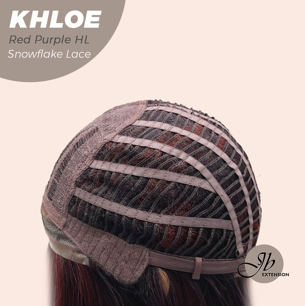 JBEXTENSION 12 Inches Bob Cut Red Purple Highlight Pre-Cut Snowflake Lace Frontlace Glueless Wig KHLOE RED PURPLE HIGHLIGHT【PERMATEASE】【BENDY EAR TABS】- M/L