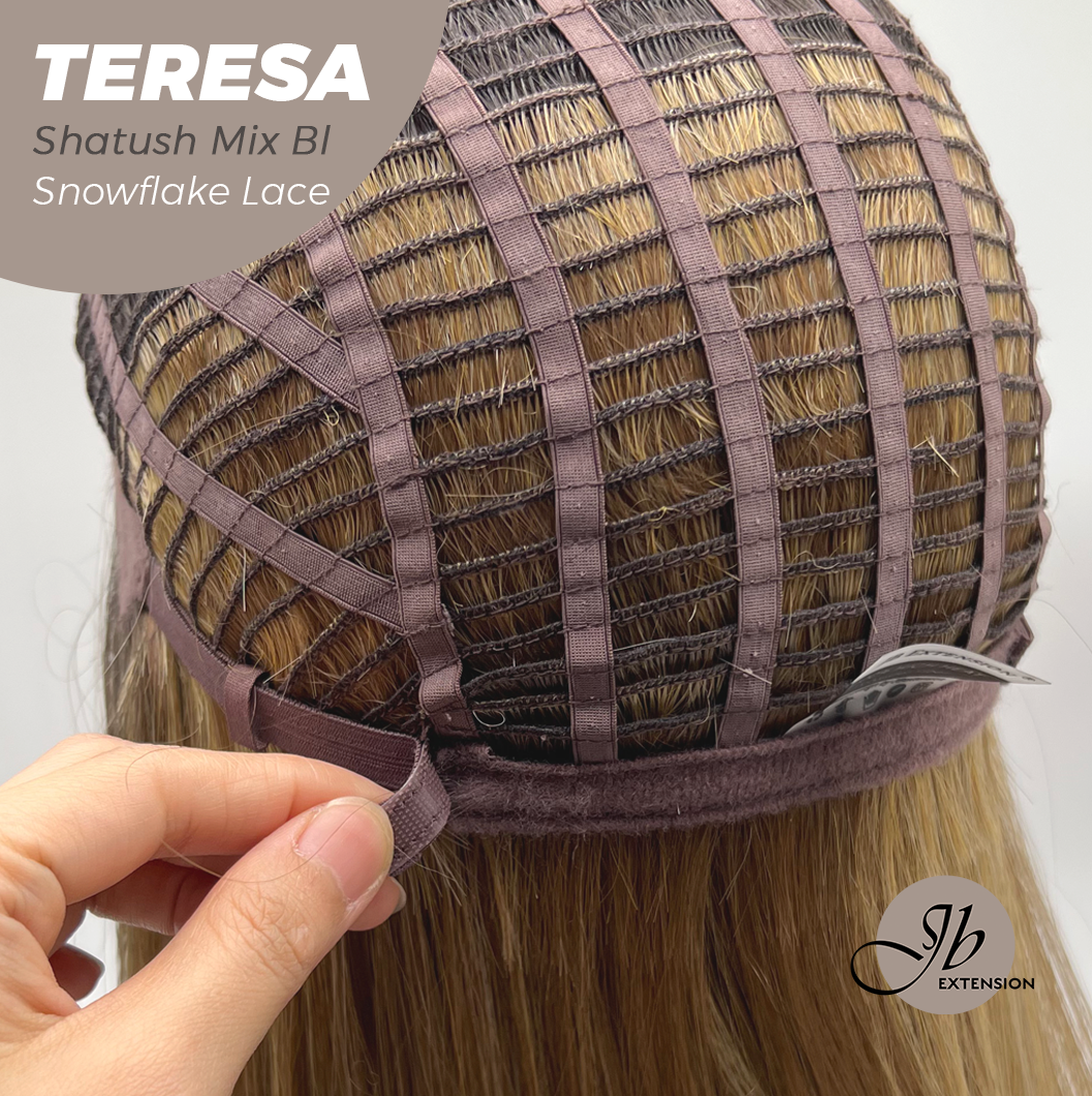 JBEXTENSION 18 Inches Shatush Mix Blonde Pre-Cut Snowflake Lace Frontlace Glueless Wig TERESA SHATUSH MIX BLONDE【PERMATEASE】【BENDY EAR TABS】- S/M