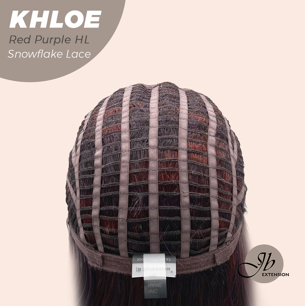 JBEXTENSION 12 Inches Bob Cut Red Purple Highlight Pre-Cut Snowflake Lace Frontlace Glueless Wig KHLOE RED PURPLE HIGHLIGHT【PERMATEASE】【BENDY EAR TABS】- M/L