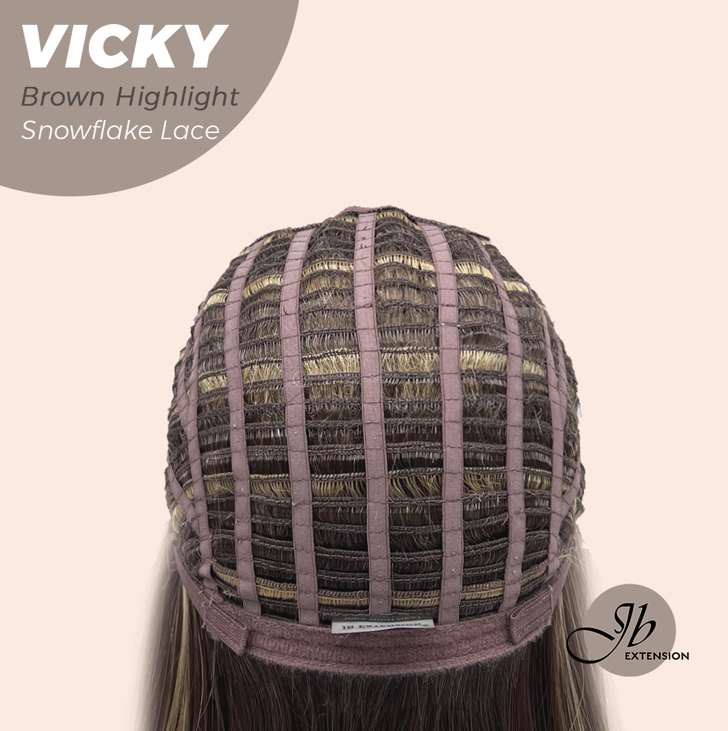 JBEXTENSION 20 Inches Dark Brown with Highlight Pre-Cut Snowflake Lace Frontlace Glueless Wig VICKY BROWN HIGHLIGHT【PERMATEASE】【BENDY EAR TABS】- M/L