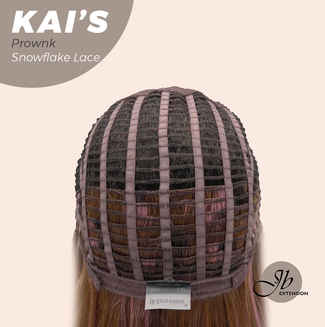 JBEXTENSION 18 Inches Brown with Pink Highlight Pre-Cut Snowflake Lace Frontlace Glueless Wig KAI'S PROWNK【PERMATEASE】【BENDY EAR TABS】- M/L