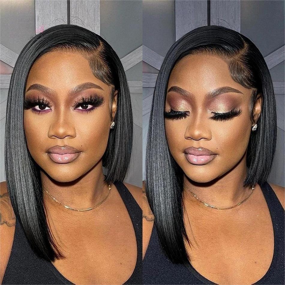 Asymmetrical Blunt Cut Bob Side Part Straight Glueless HD Lace Front Wigs 220% Density
