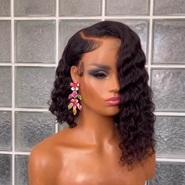 Glueless Asymmetric Side Part Bob Closure Wig Deep Wave 100% Human Hair 220% Density