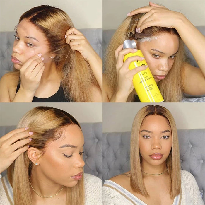 Ombre Blonde T4/27 Straight 13x4 Lace Front Wig Short bob Lace Front Human Hair Wigs
