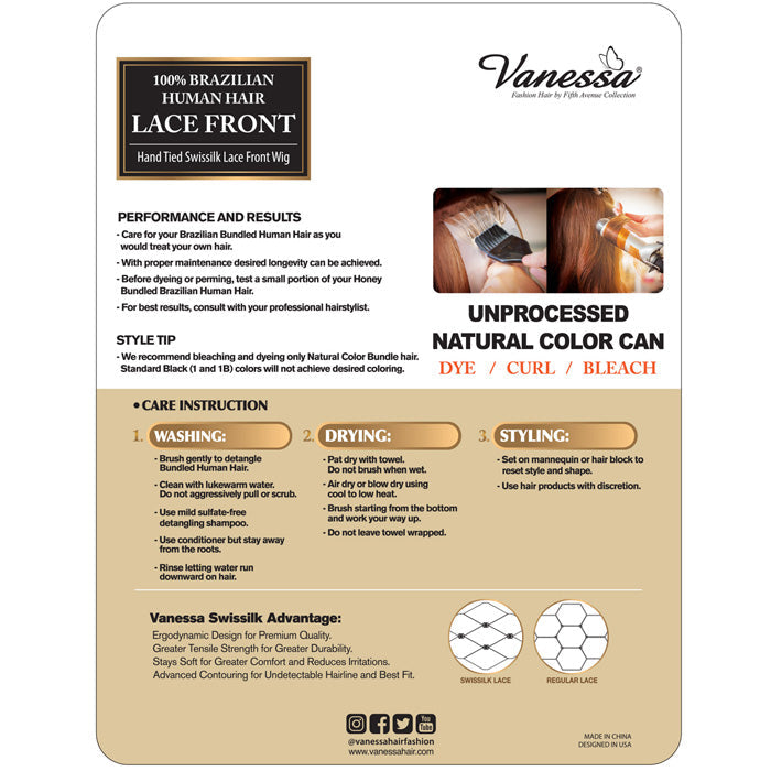 Vanessa 100% Brazilian Human Hair Hand Tied Swissilk Lace Front Wig - TJH RUBIS