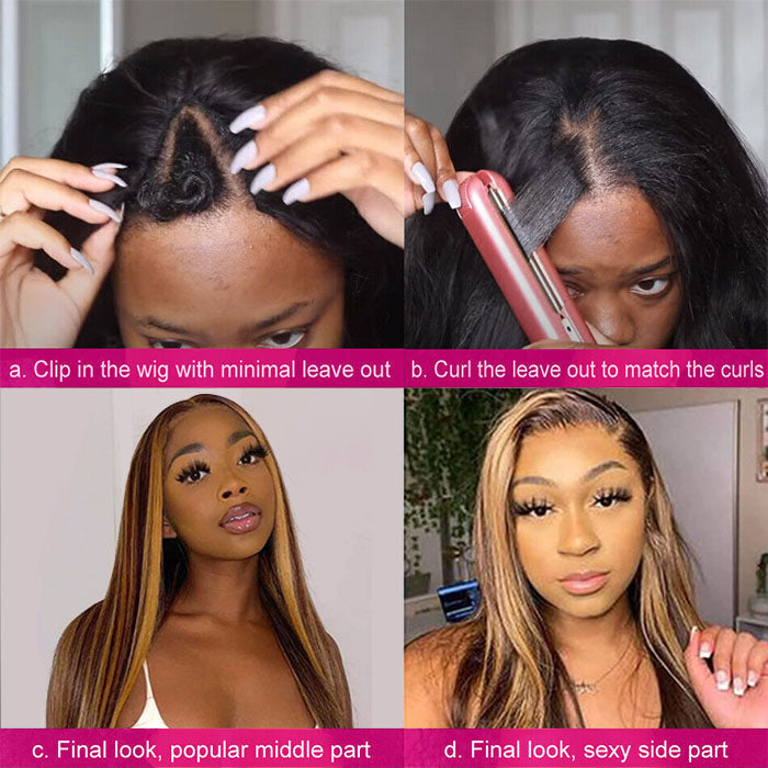 4/27 Blonde Highlight V/U Part Wigs Human Hair Straight V Part Wig Human Hair Minimal Leave Out No Lace